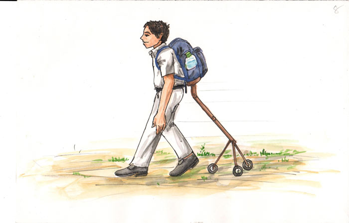 Image of School bag with foldable wheeled legs to distribute load